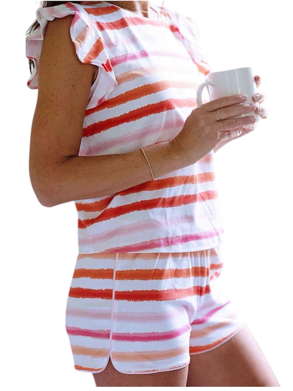 Wear For Good Lilly Flutter Sleeve Pajama Short Sleep Set Stripe Pink & Orange